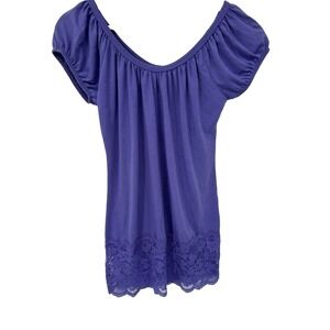 Y2K Purple Scoop Neck Peasant Top Flutter Cap Sleeves Lace Hem Tunic Prep Layer